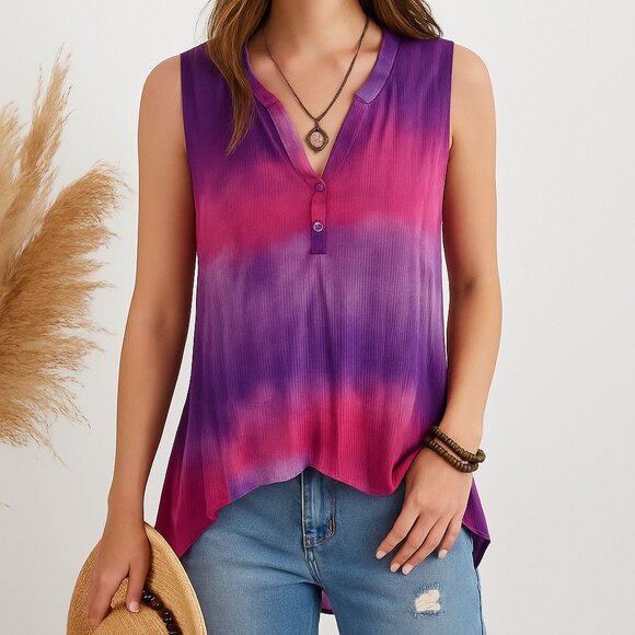 Womens 2X Sleeveless Ombre Tank Top Unique Spectrum Purple Pink Boho High Low - Picture 1 of 15